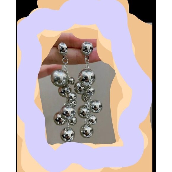 Big Silver earrings metal dangle balls beaded silver bold boho chunky pierced - Picture 1 of 5